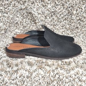 Lucky Brand Cristley Black Perforated Leather Slip On Mule Womens Flat Shoes 7.5
